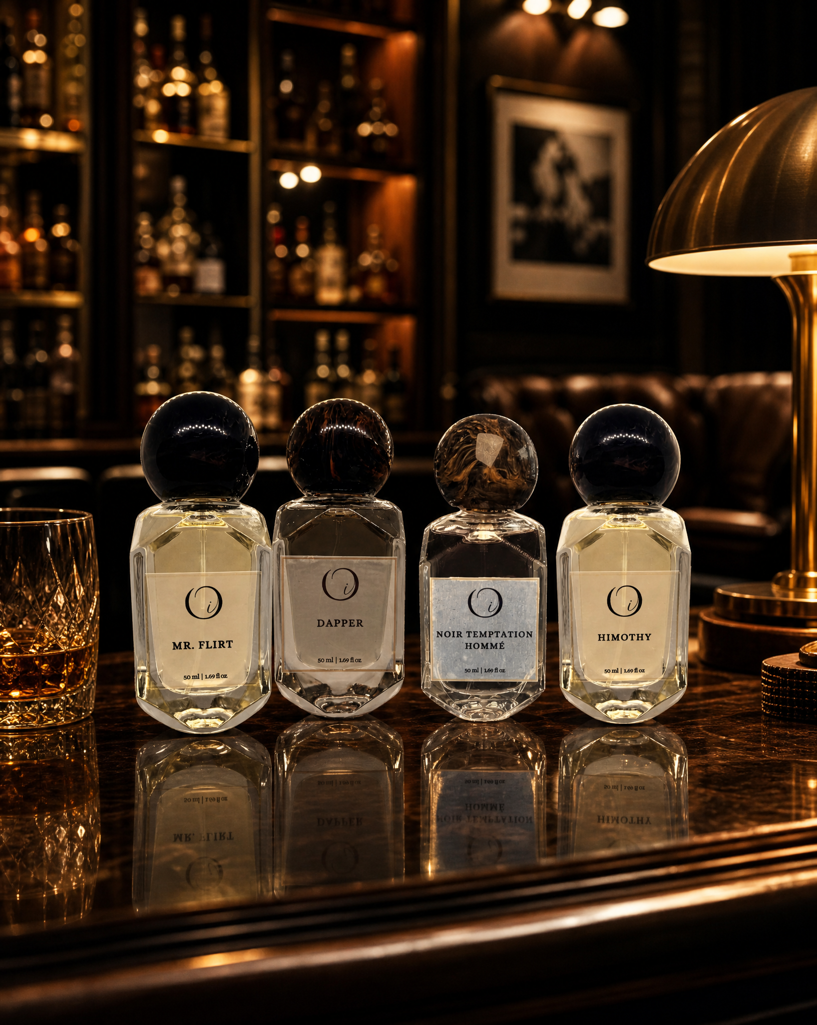 Four perfume bottles from Mr. Flirt x Maison Ambre are lined up on a polished bar counter in a dimly lit, upscale bar setting.