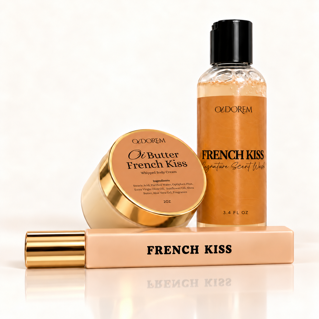 French Kiss travel bundle with 10 mL perfume, 3.4 oz body wash and 2 oz Oi Butter